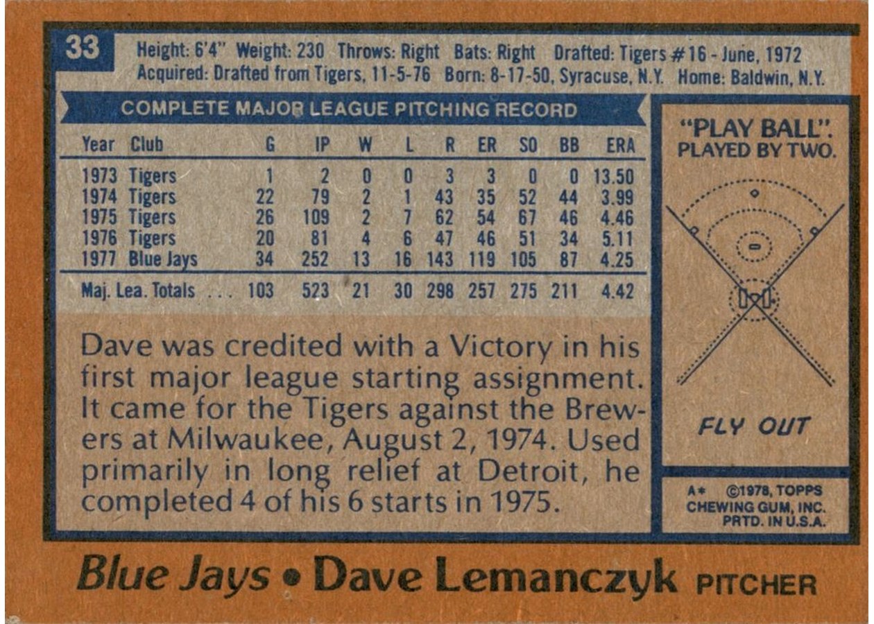1978 Topps #33 Dave Lemanczyk card back