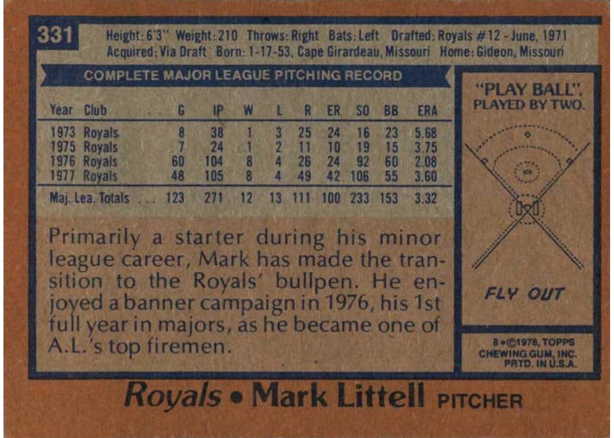 1978 Topps #331 Mark Littell card back