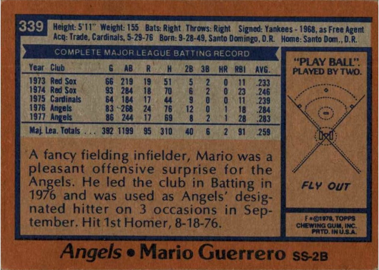 1978 Topps #339 Mario Guerrero card back