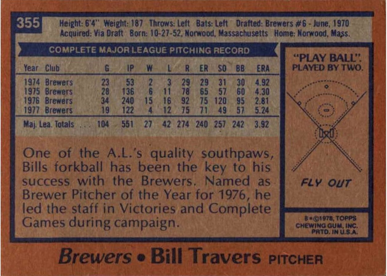 1978 Topps #355 Bill Travers card back