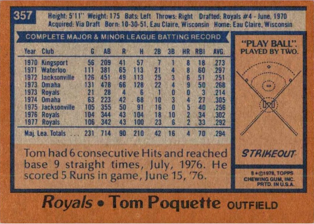 1978 Topps #357 Tom Poquette card back