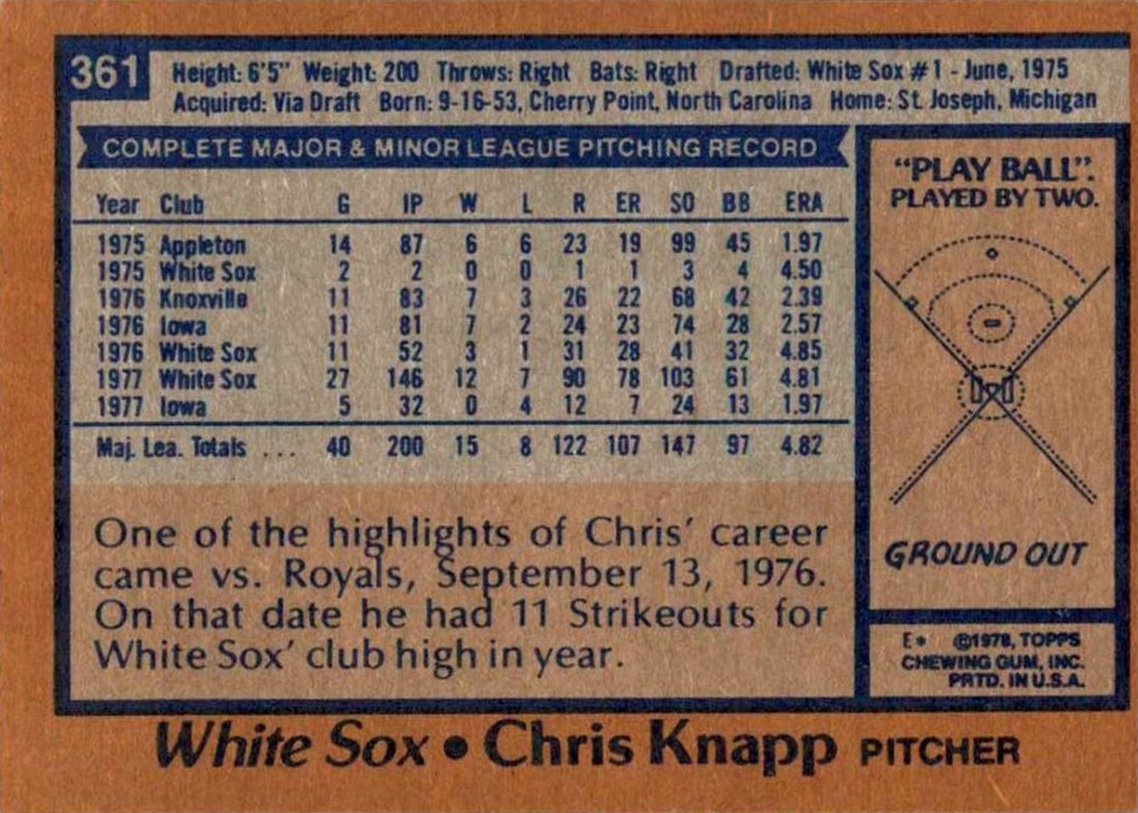 1978 Topps #361 Chris Knapp card back