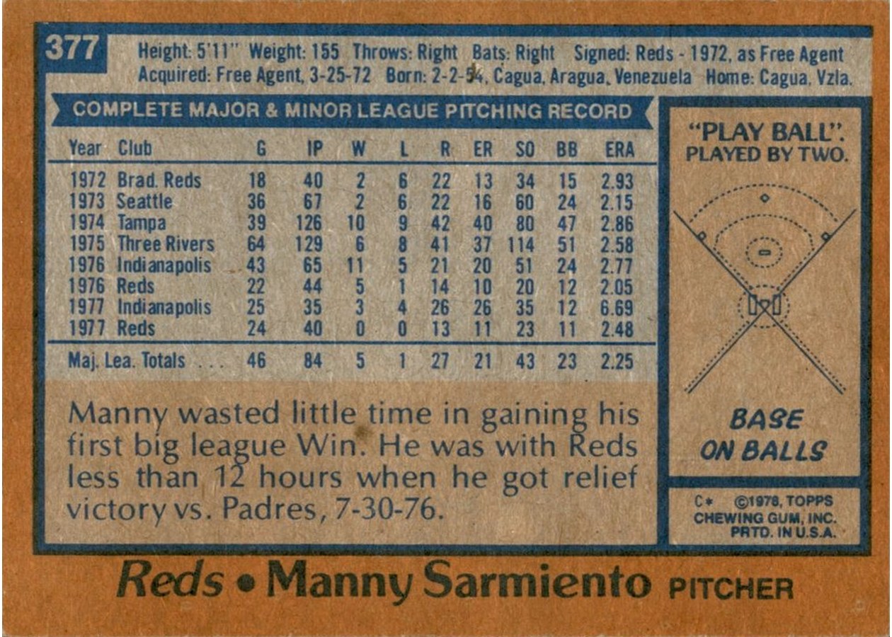 1978 Topps #377 Manny Sarmiento card back