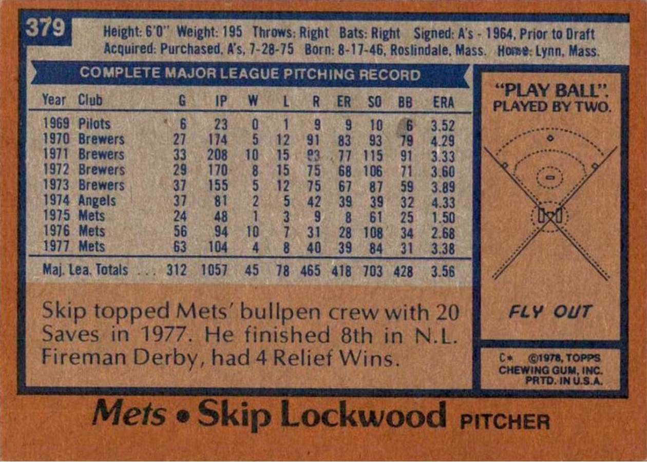 1978 Topps #379 Skip Lockwood card back