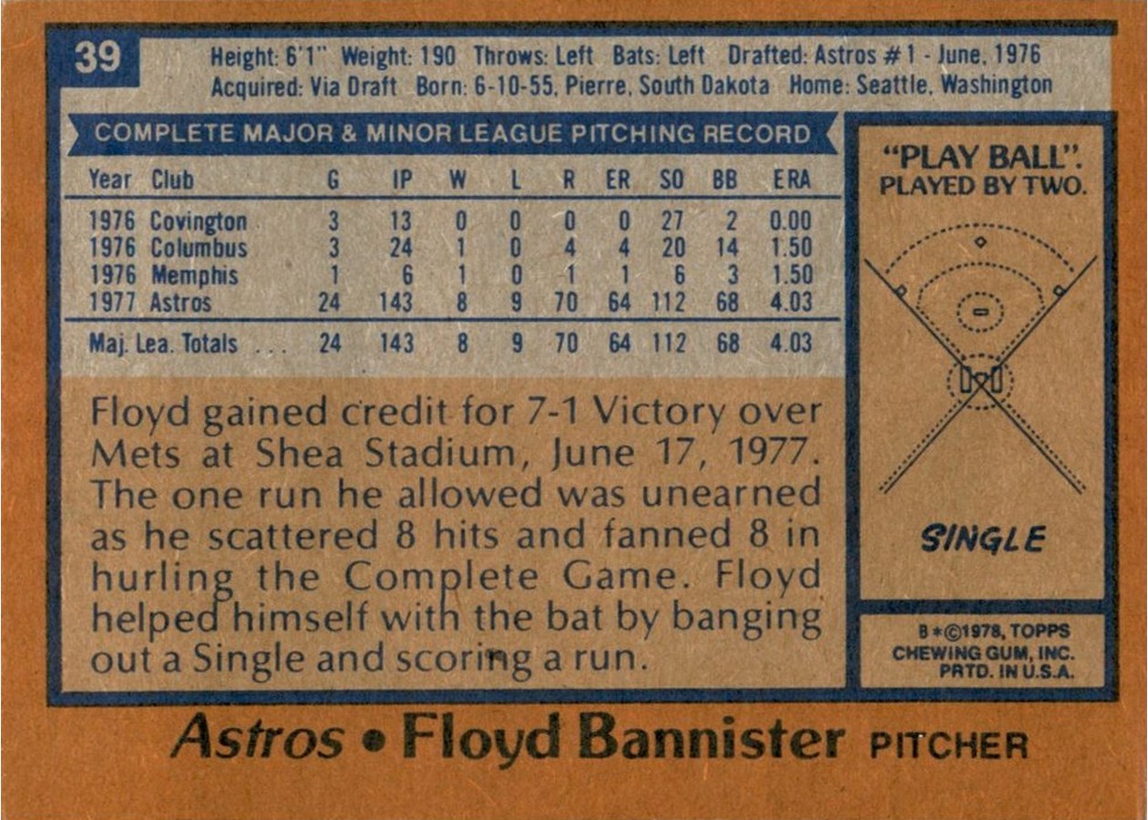 1978 Topps #39 Floyd Bannister card back