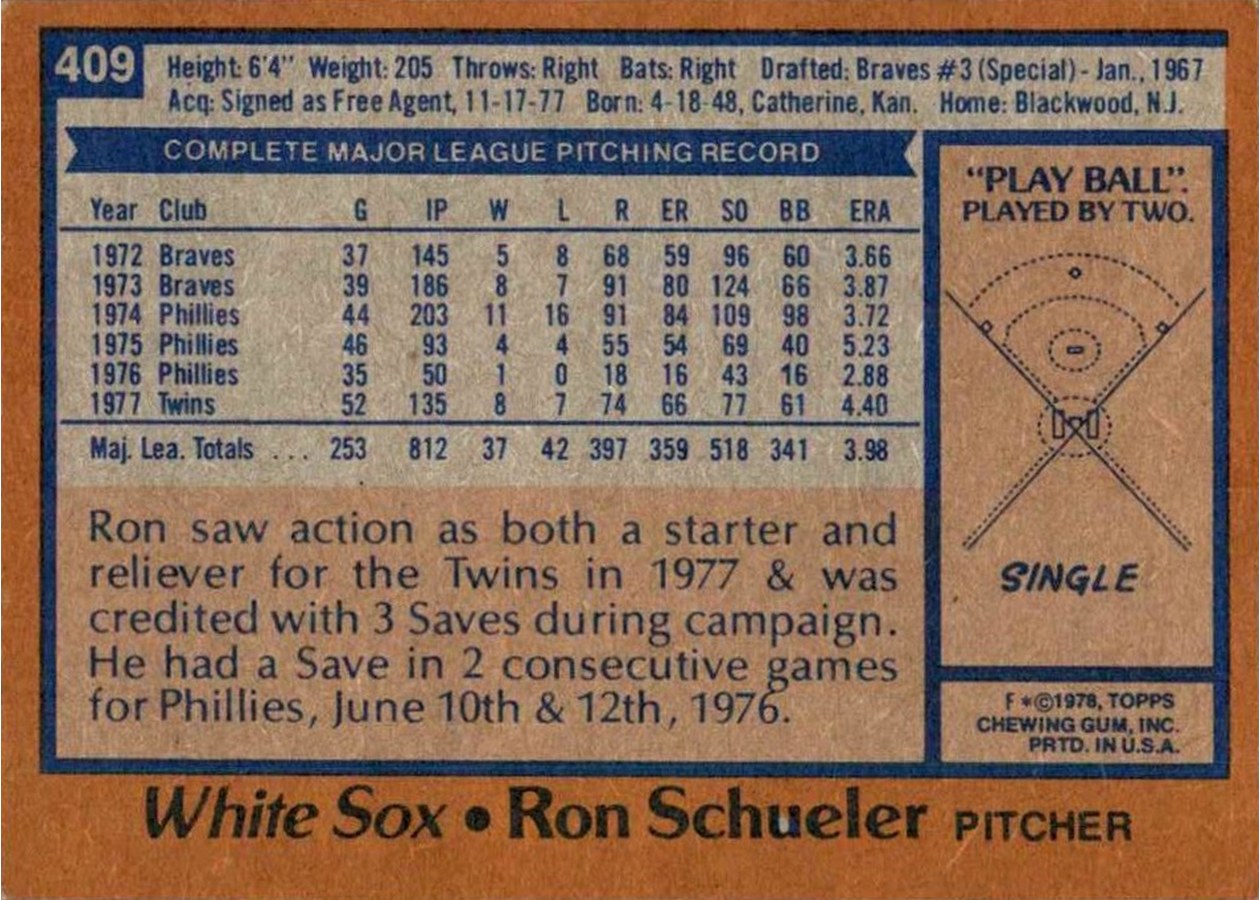 1978 Topps #409 Ron Schueler card back