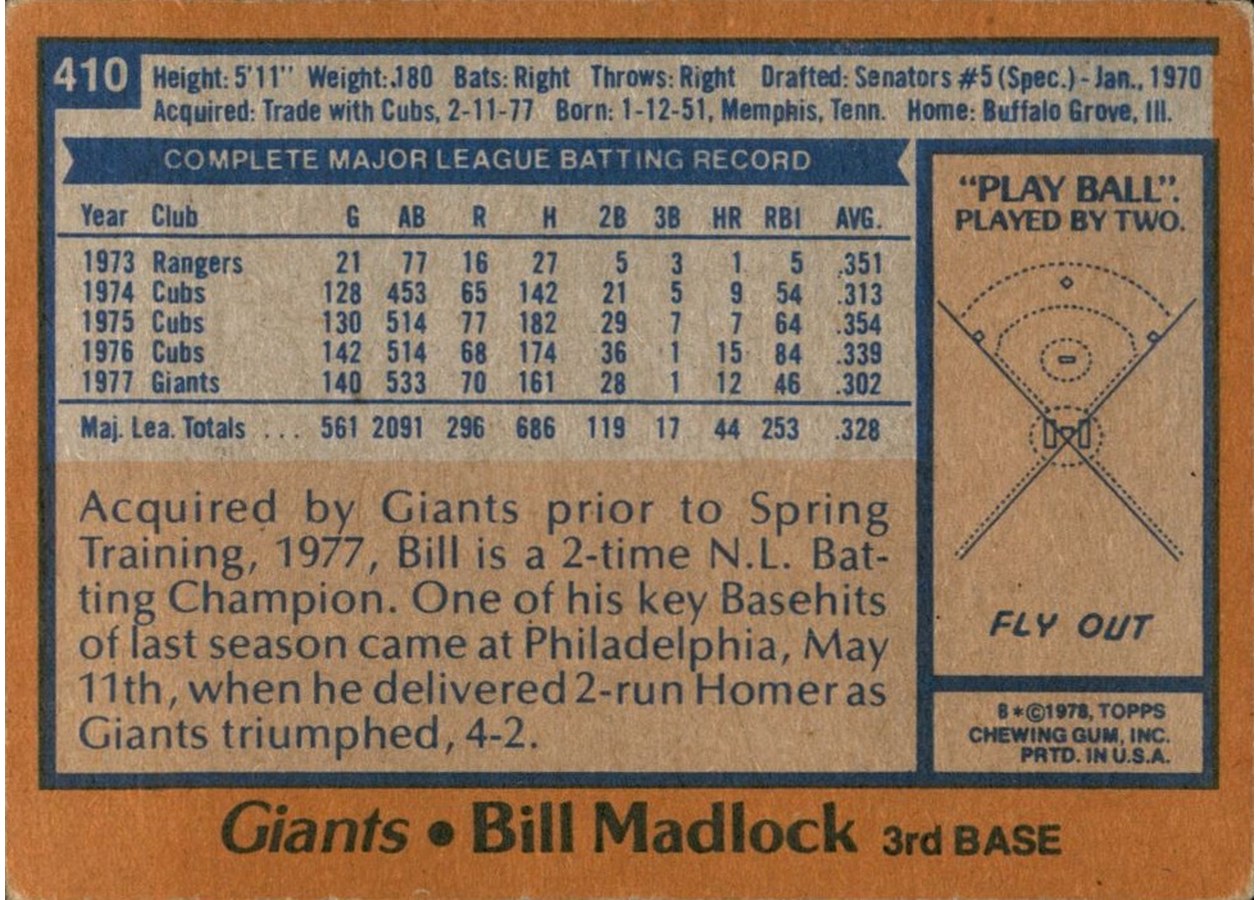 1978 Topps #410 Bill Madlock card back