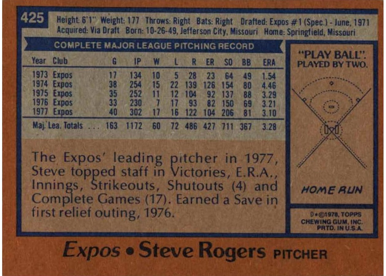 1978 Topps #425 Steve Rogers card back