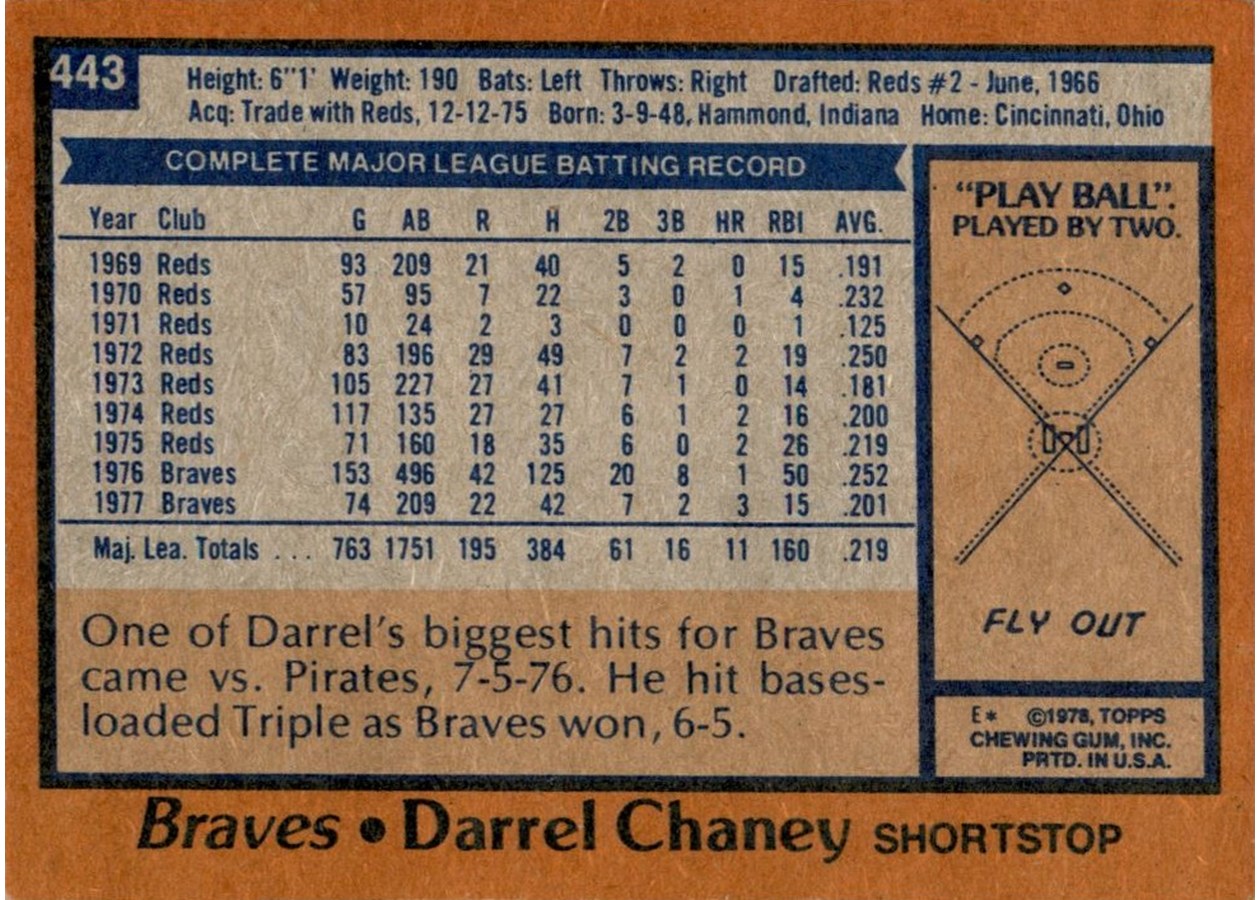 1978 Topps #443 Darrel Chaney card back