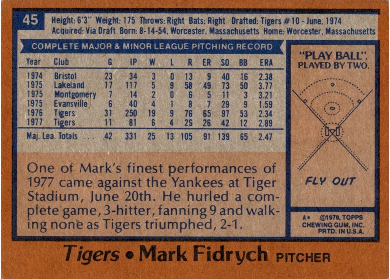 1978 Topps #45 Mark Fidrych card back
