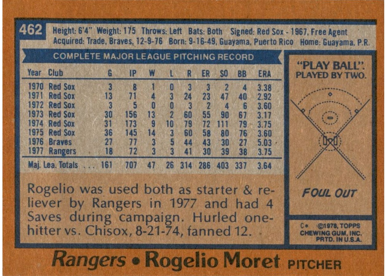 1978 Topps #462 Rogelio Moret card back