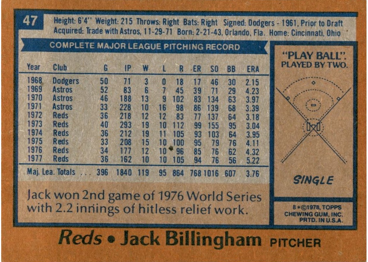 1978 Topps #47 Jack Billingham card back