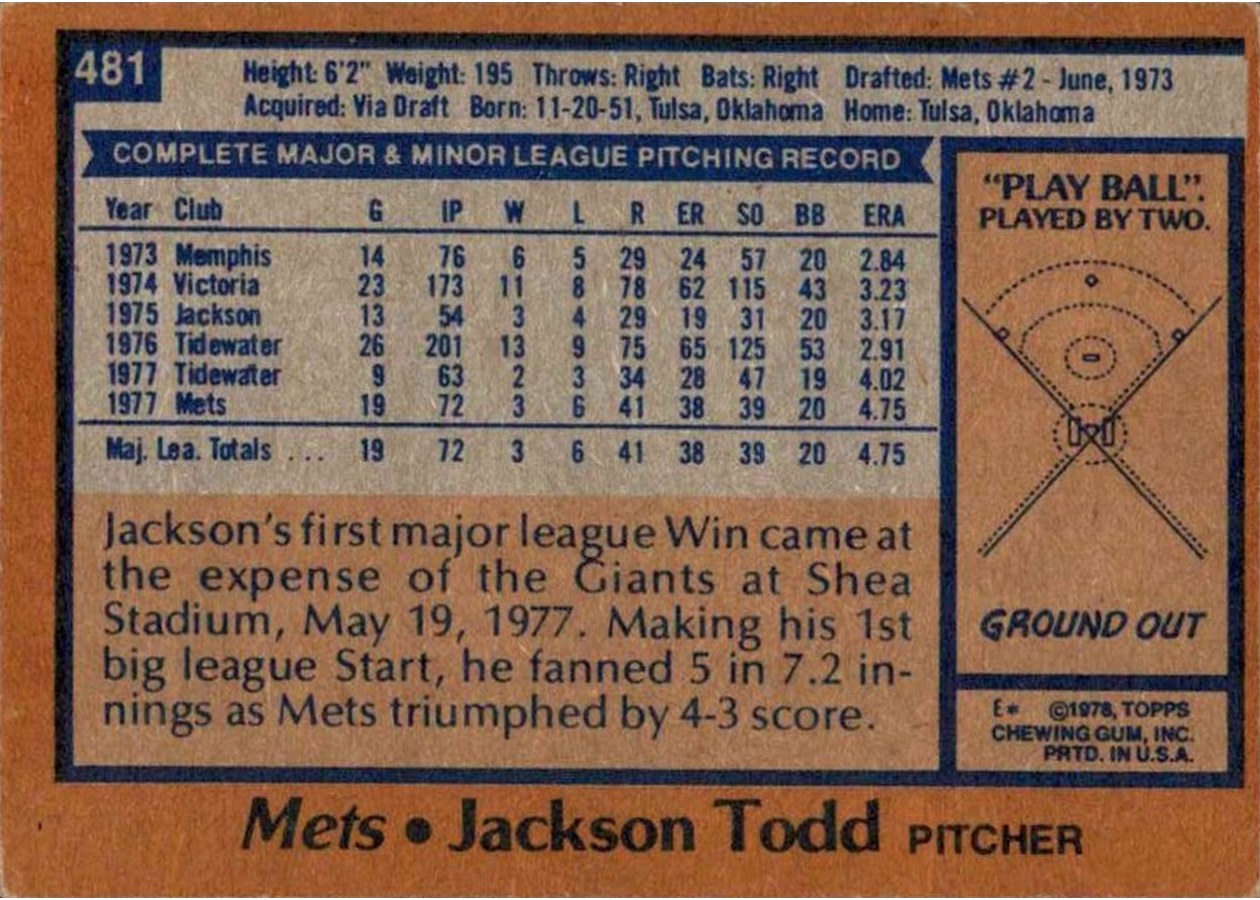 1978 Topps #481 Jackson Todd card back