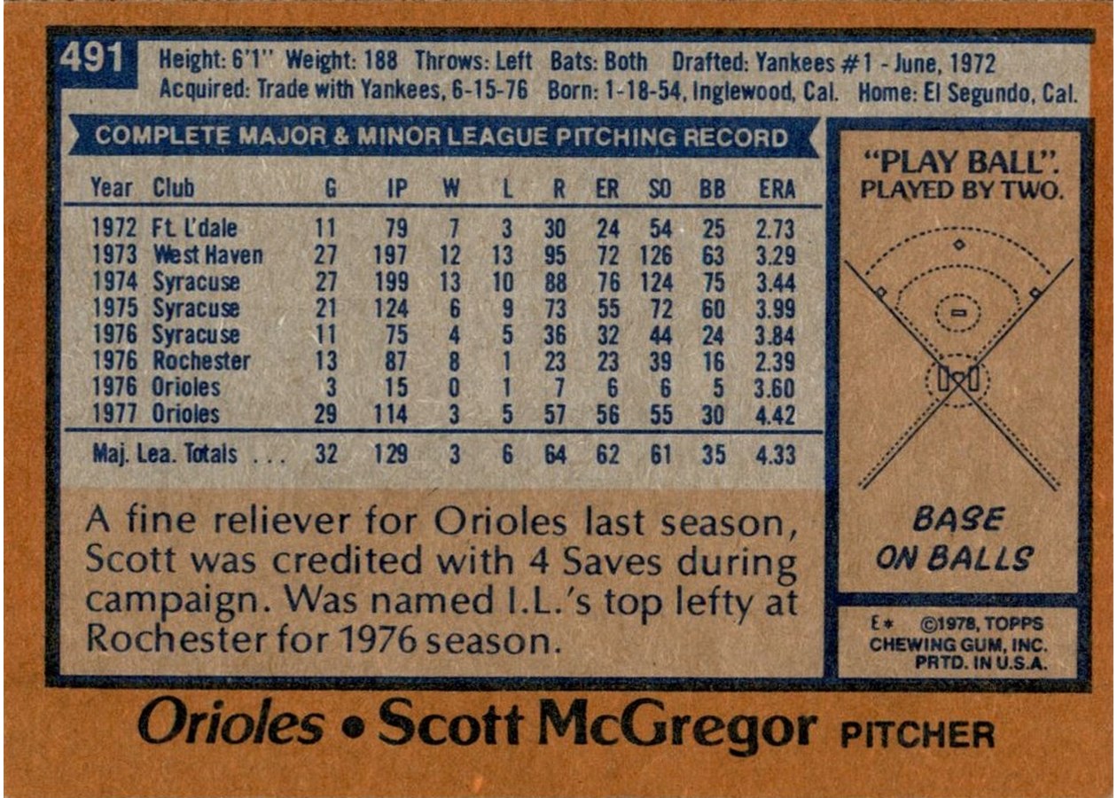 1978 Topps #491 Scott McGregor card back