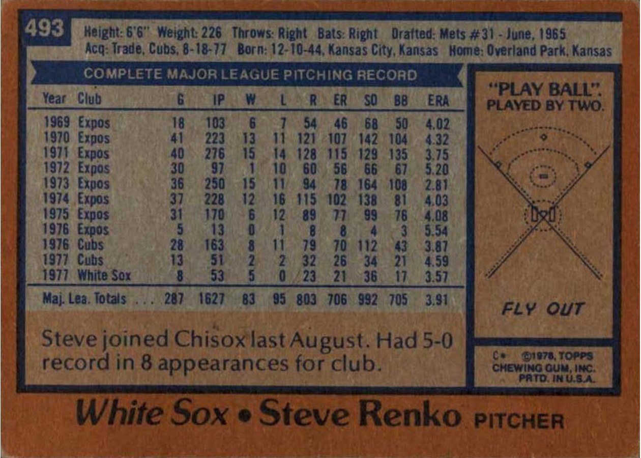 1978 Topps #493 Steve Renko card back