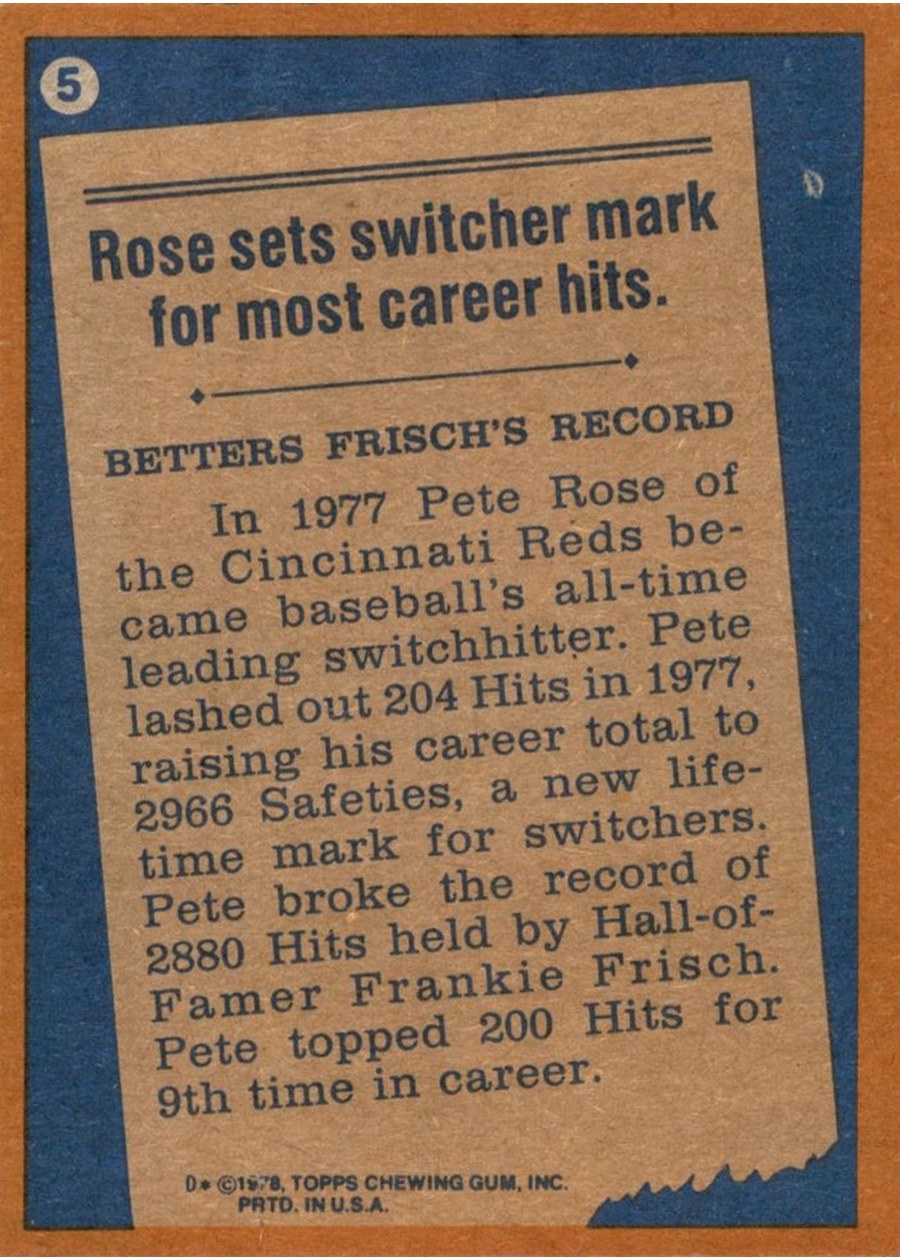 1978 Topps #5 Pete Rose card back