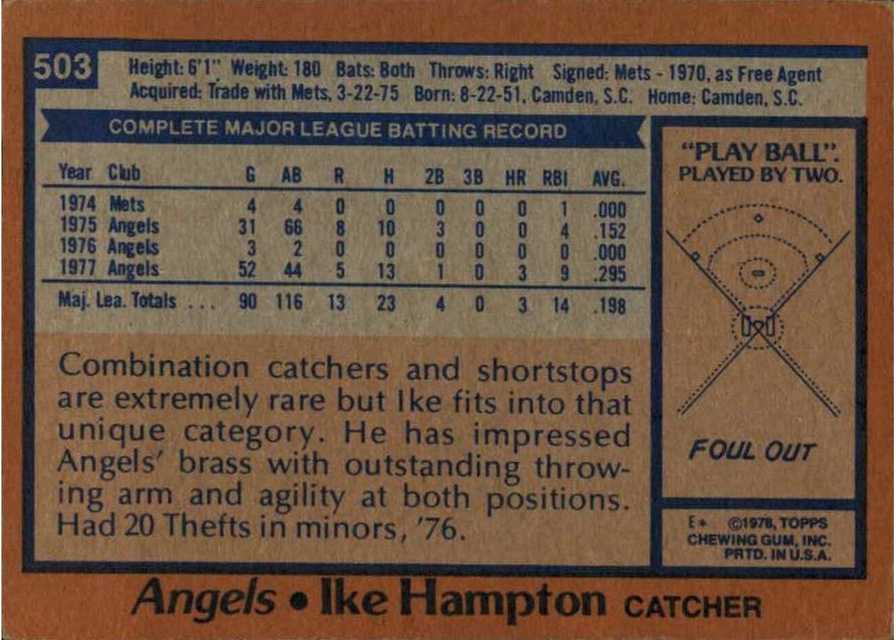 1978 Topps #503 Ike Hampton card back