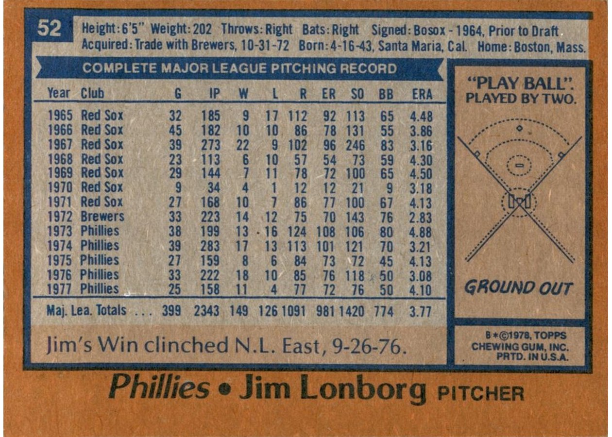 1978 Topps #52 Jim Lonborg card back