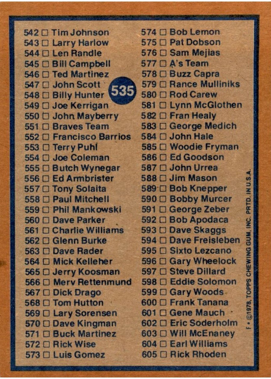 1978 Topps #535 Checklist: 485-605 card back