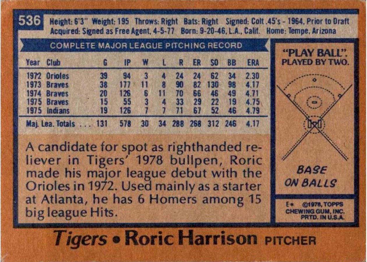 1978 Topps #536 Roric Harrison card back