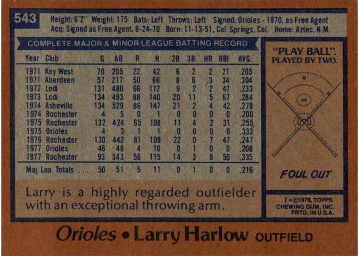 1978 Topps #543 Larry Harlow card back