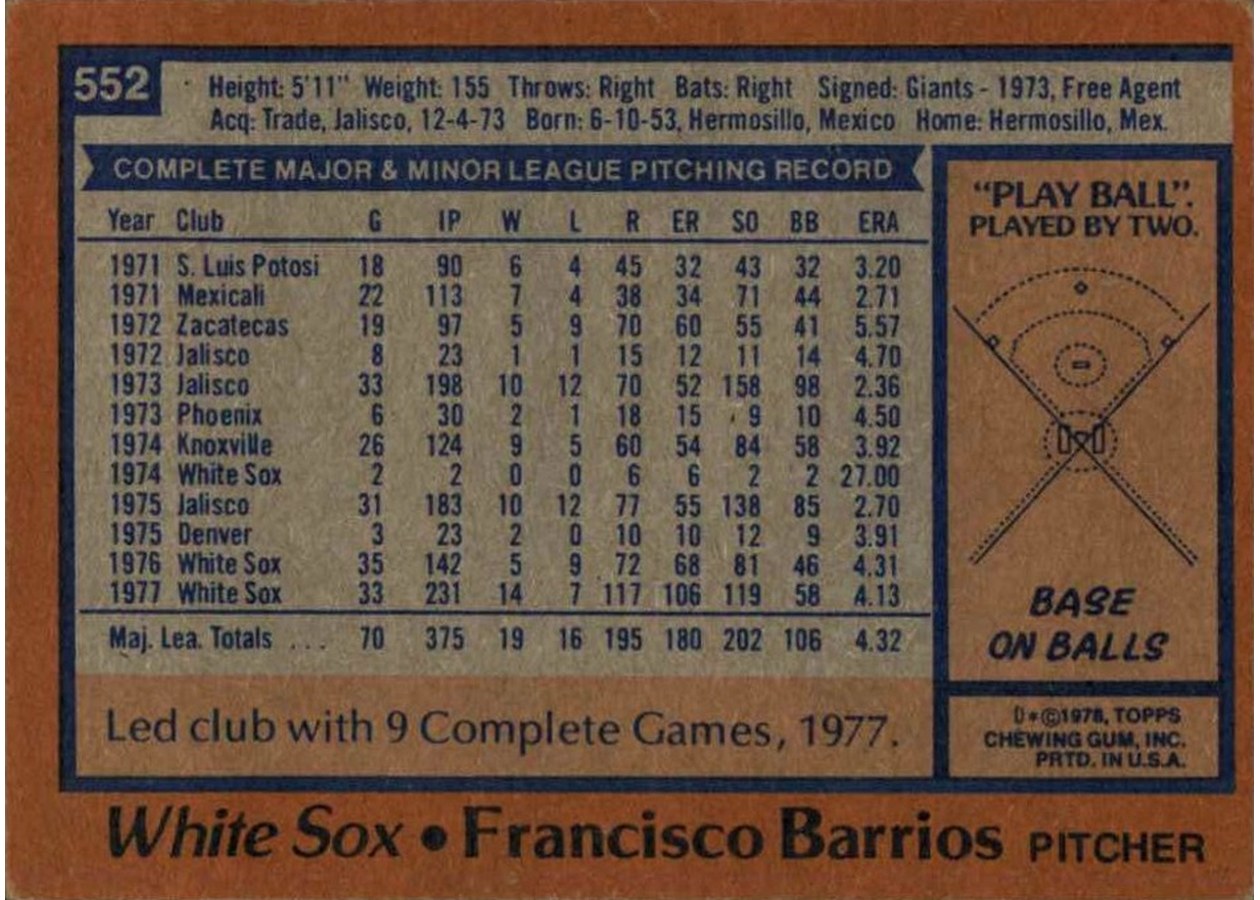 1978 Topps #552 Francisco Barrios card back