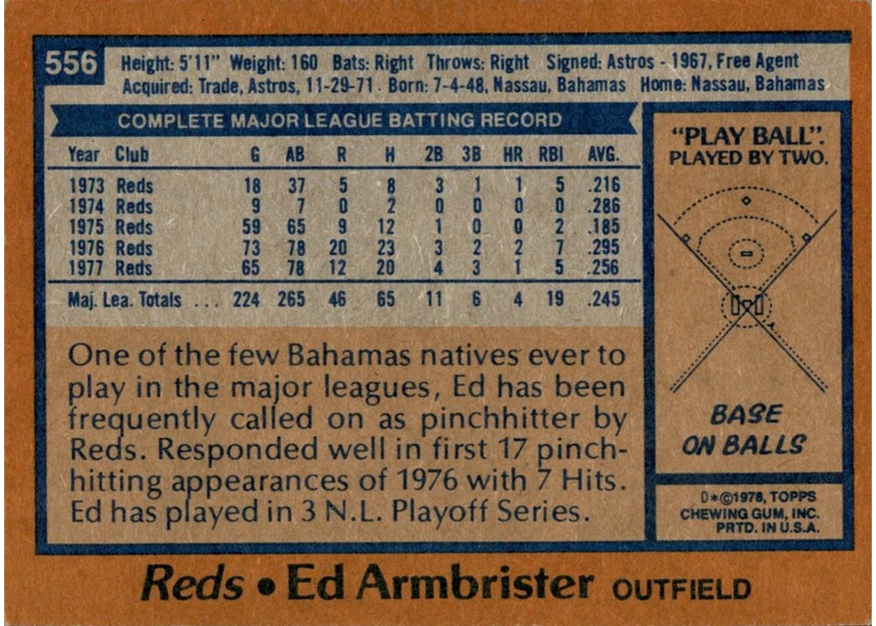 1978 Topps #556 Ed Armbrister card back