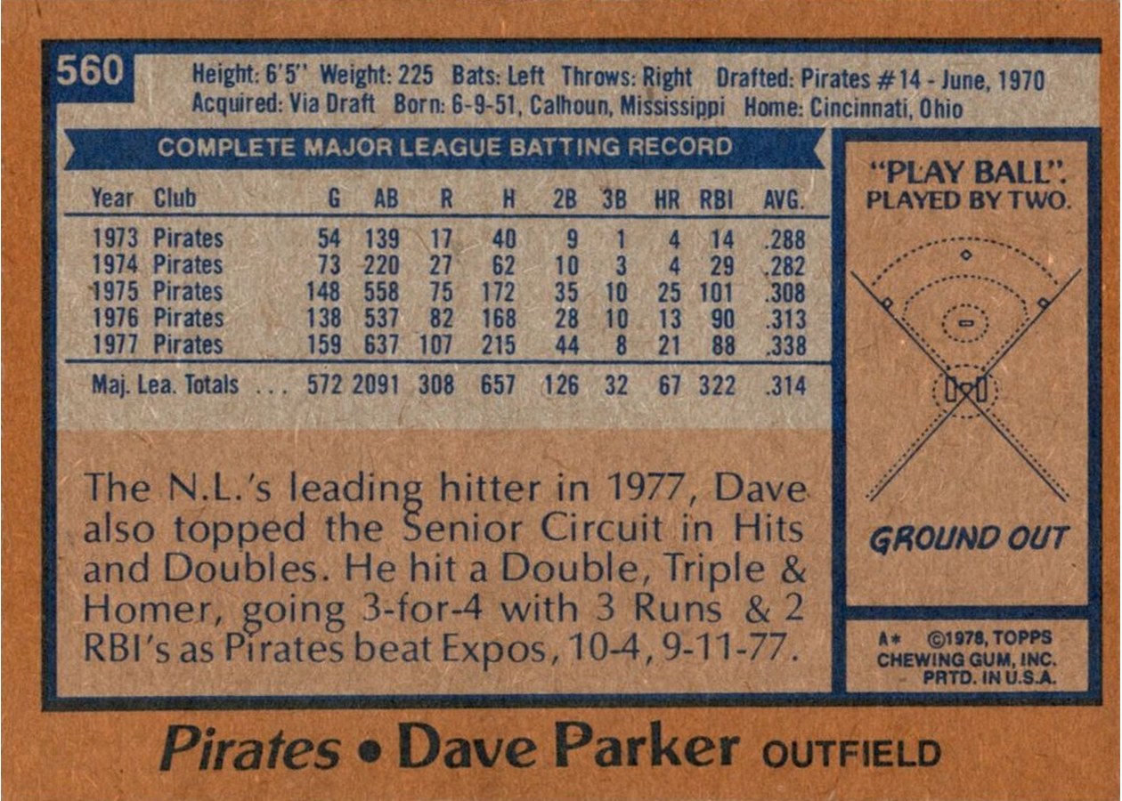 1978 Topps #560 Dave Parker card back