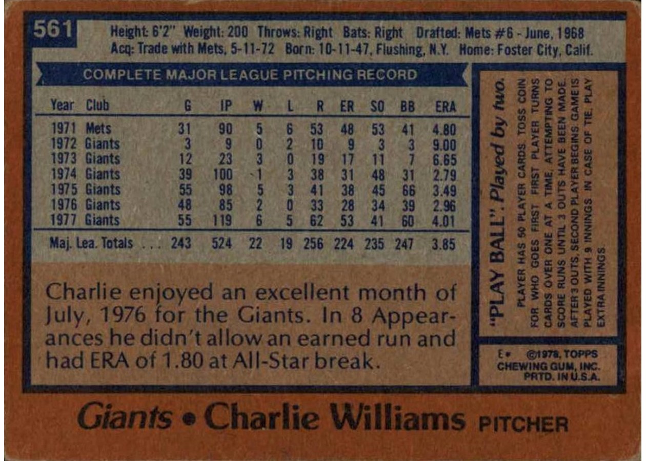 1978 Topps #561 Charlie Williams card back