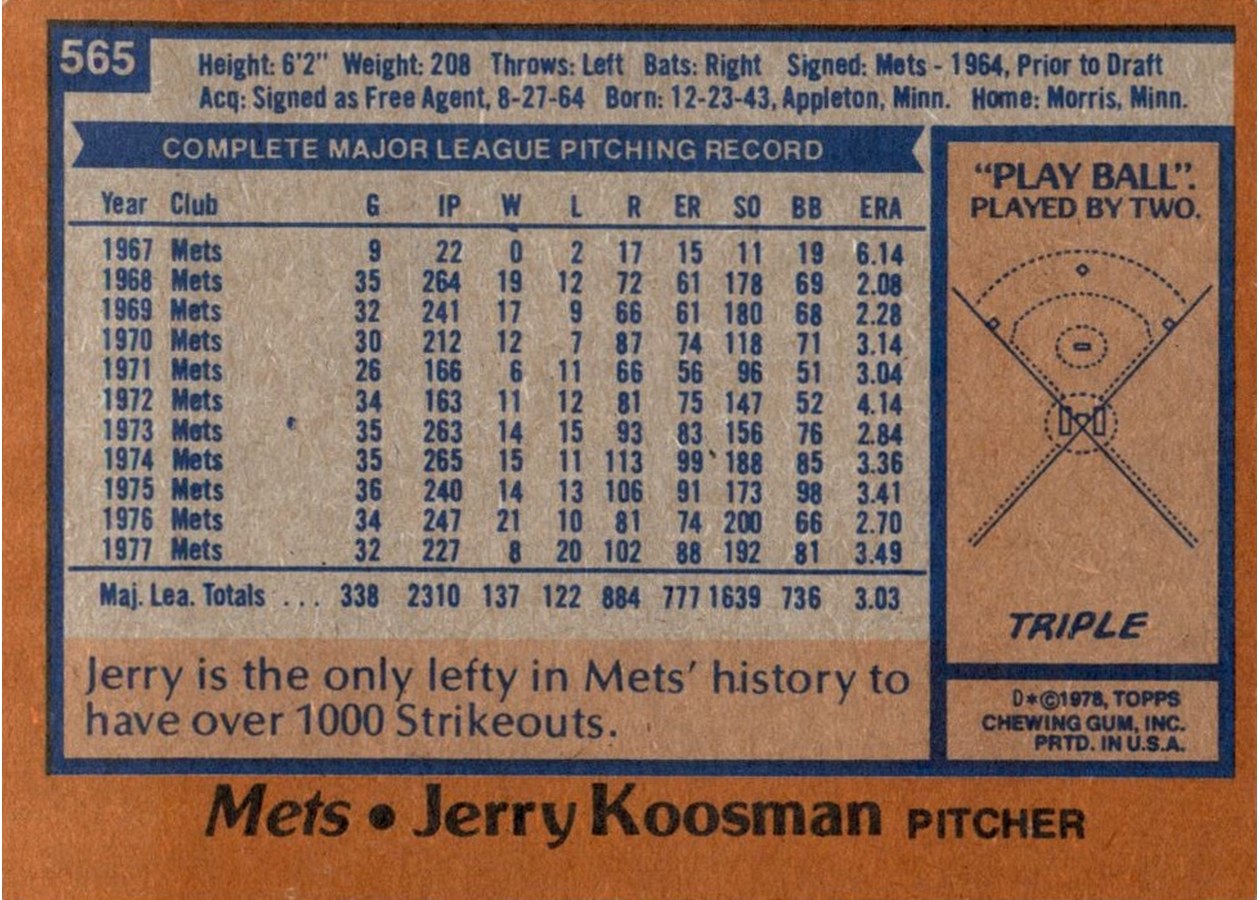 1978 Topps #565 Jerry Koosman card back