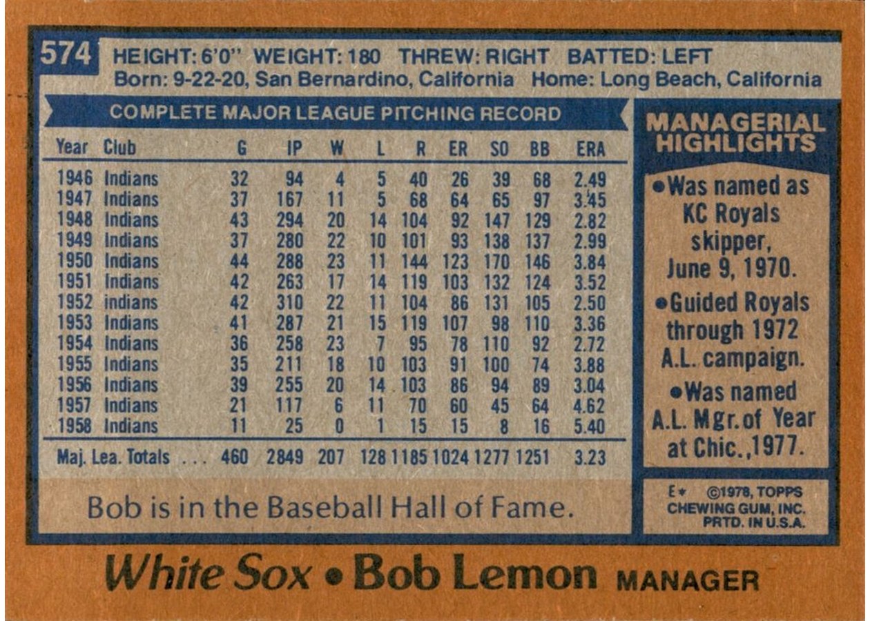 1978 Topps #574 Bob Lemon card back