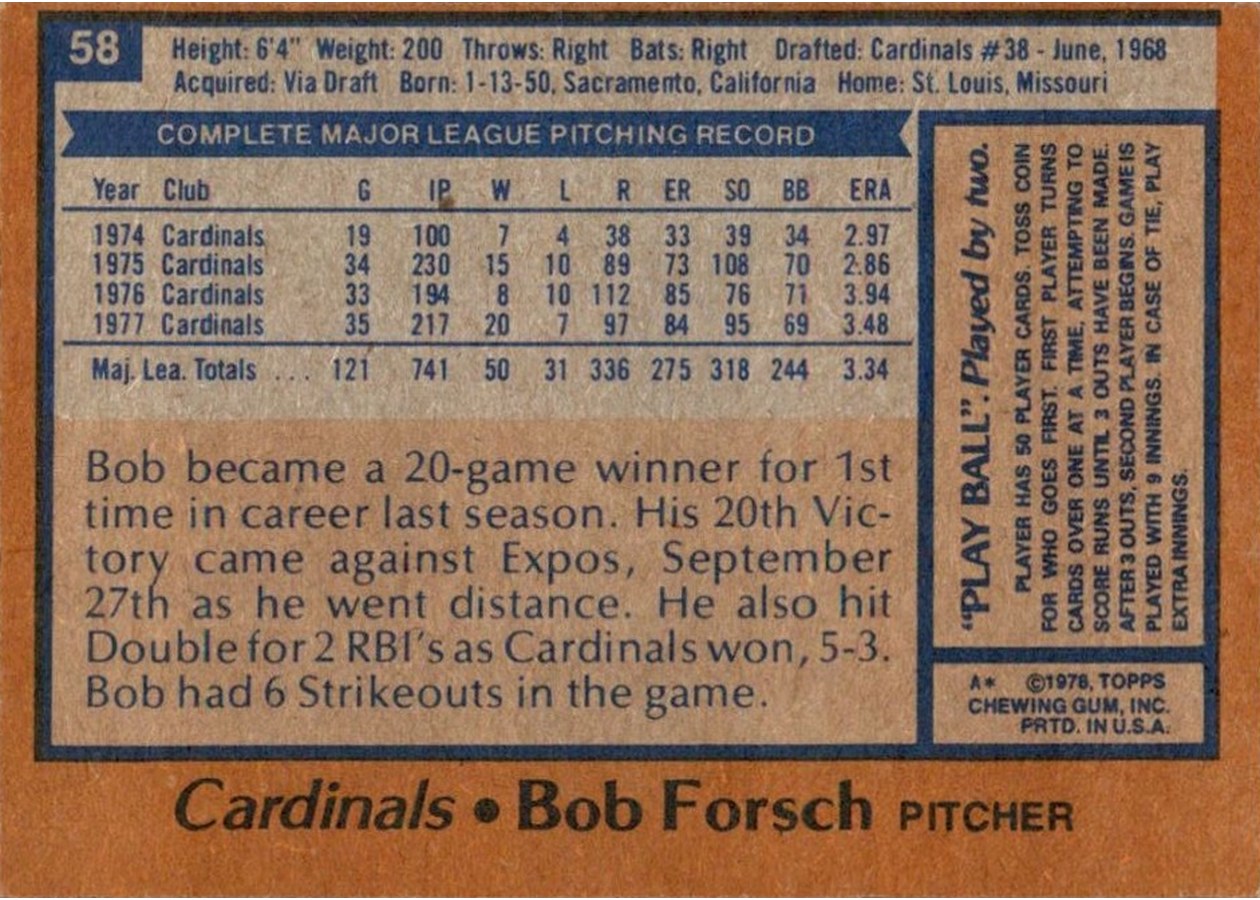 1978 Topps #58 Bob Forsch card back