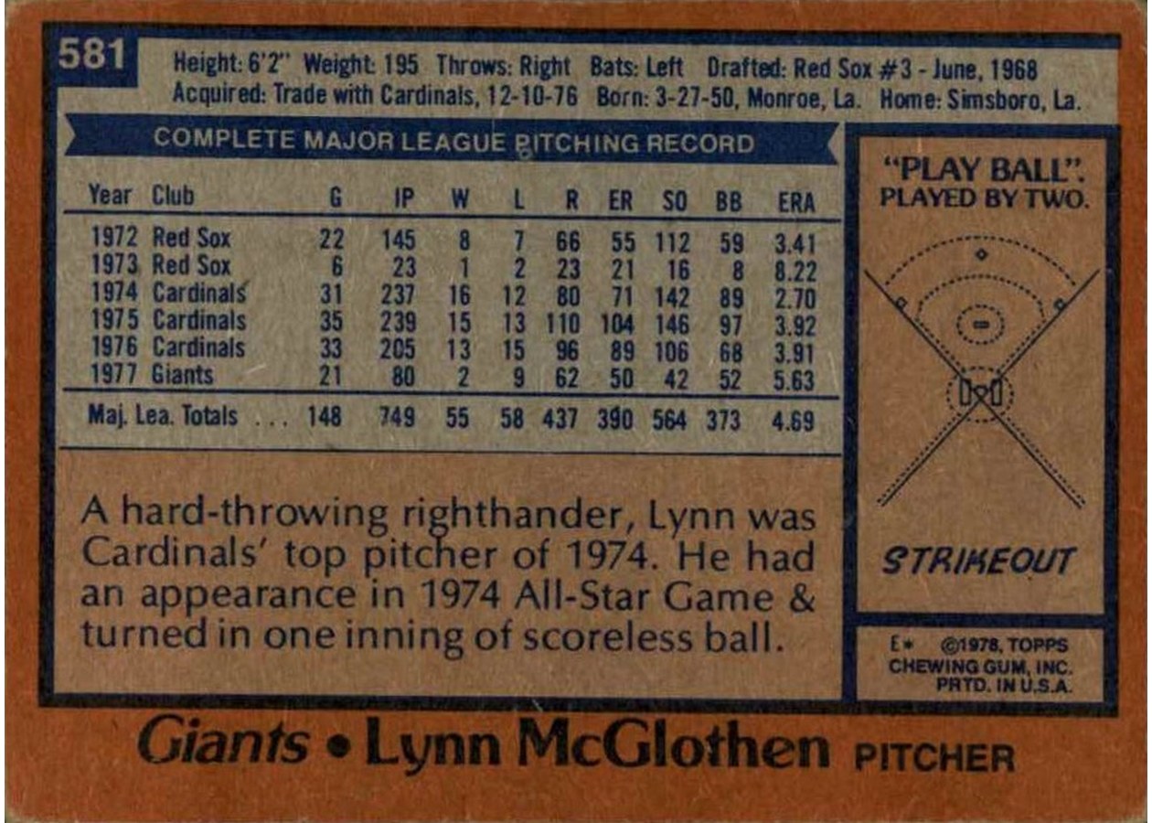 1978 Topps #581 Lynn McGlothen card back