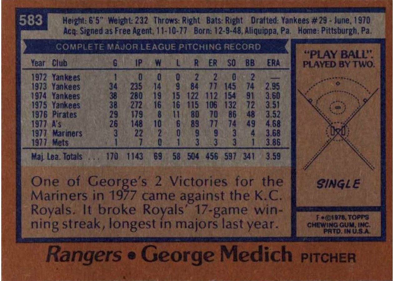 1978 Topps #583 George Medich card back