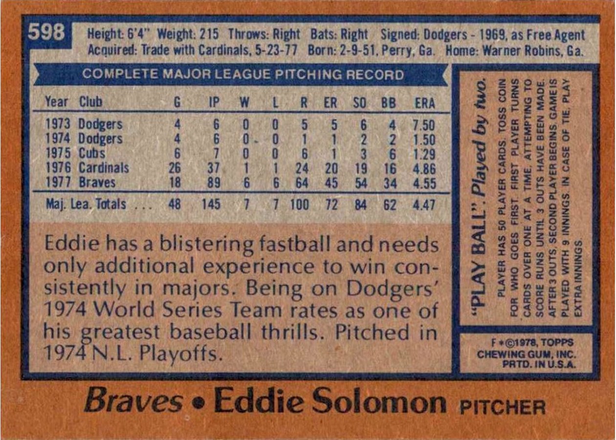 1978 Topps #598 Eddie Solomon card back