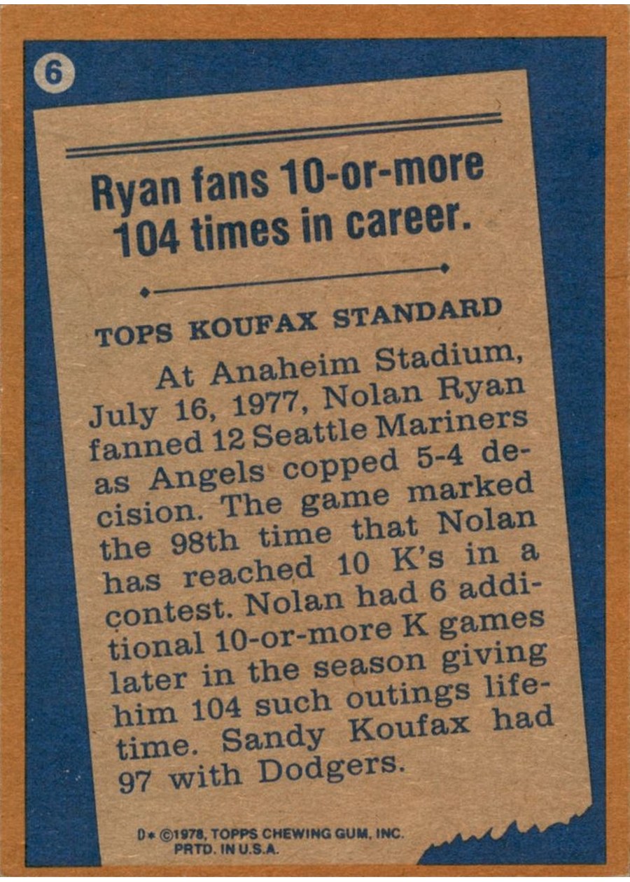 1978 Topps #6 Nolan Ryan card back