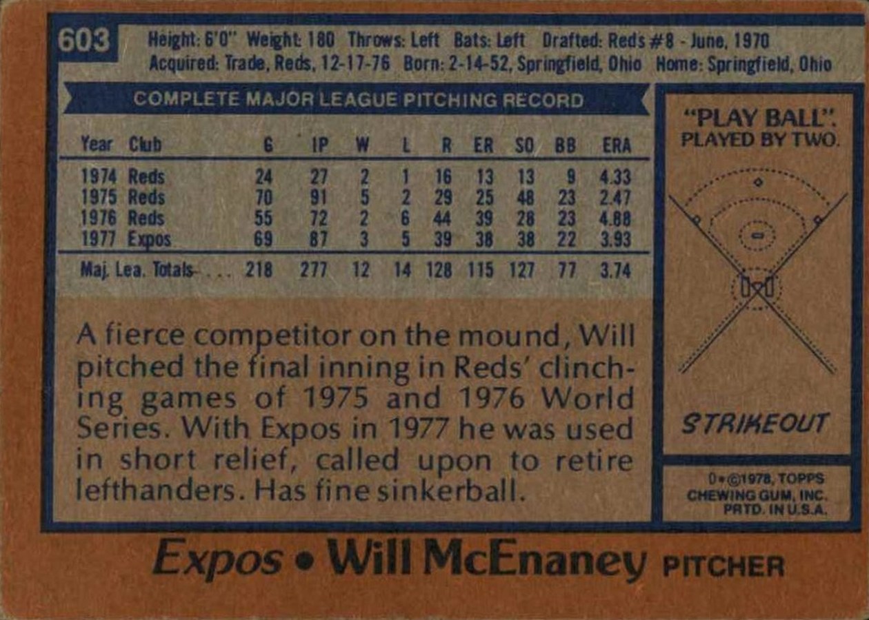 1978 Topps #603 Will McEnaney card back
