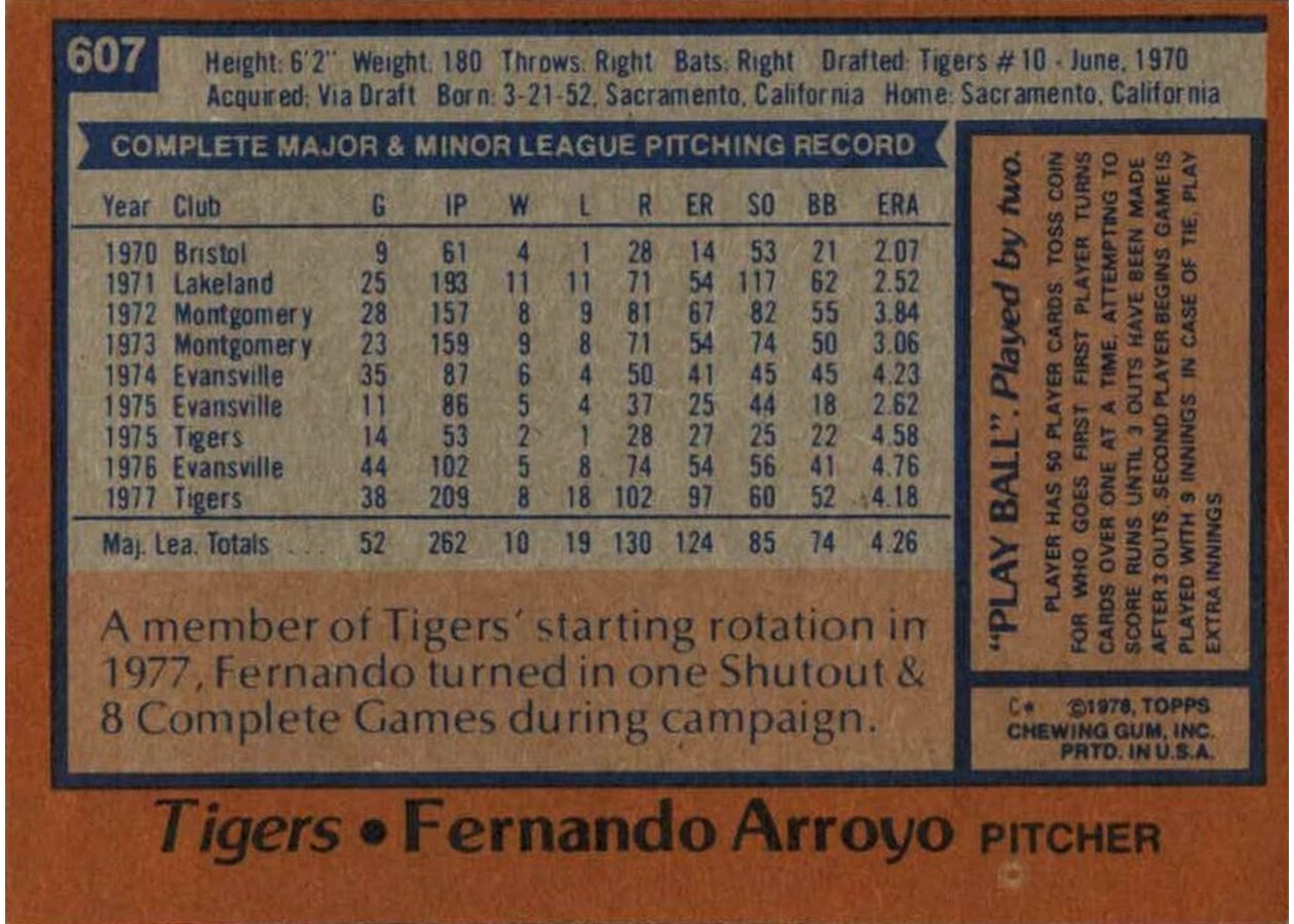 1978 Topps #607 Fernando Arroyo card back