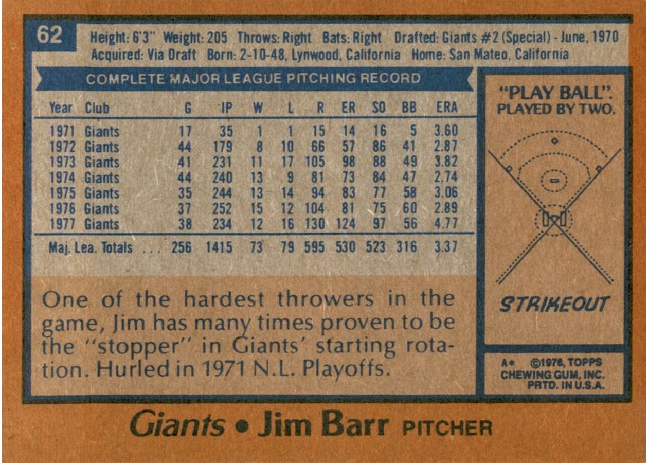 1978 Topps #62 Jim Barr card back