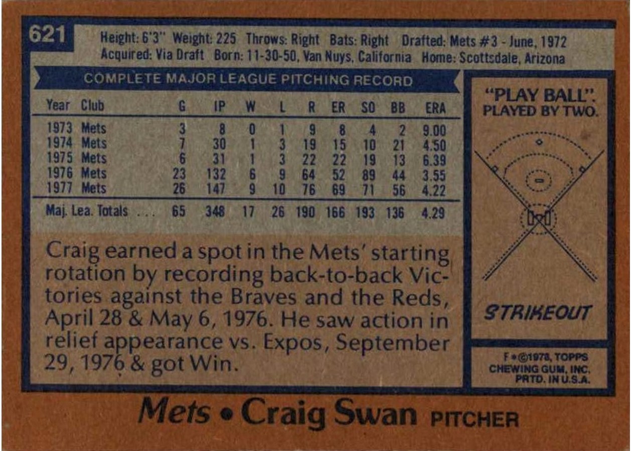 1978 Topps #621 Craig Swan card back