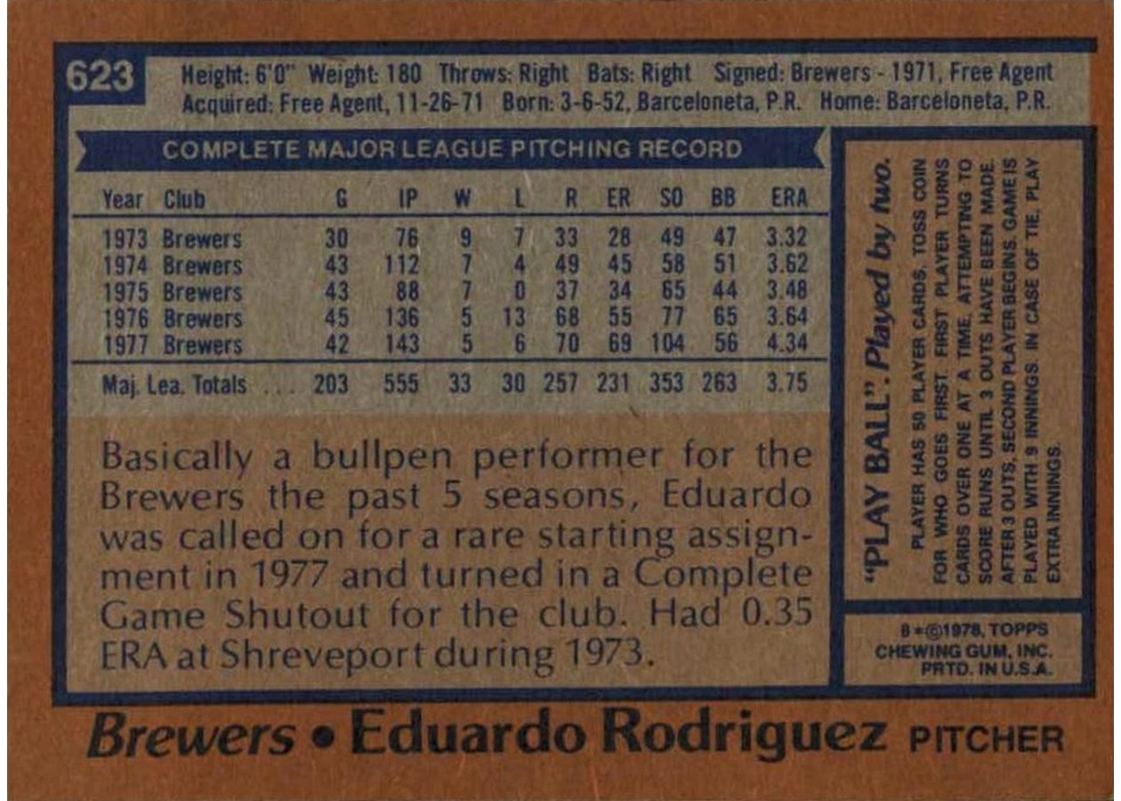 1978 Topps #623 Eduardo Rodriguez card back