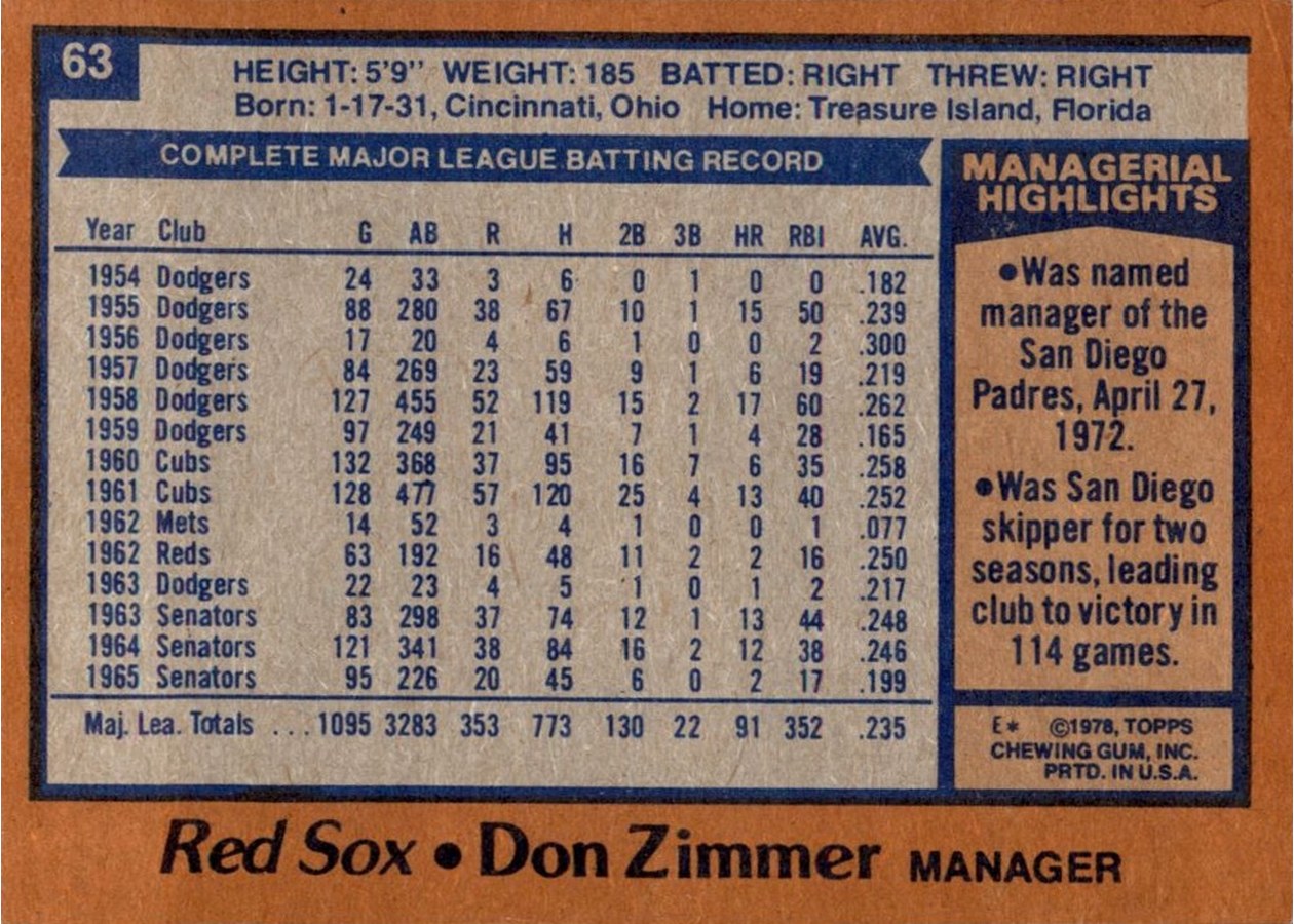 1978 Topps #63 Don Zimmer card back