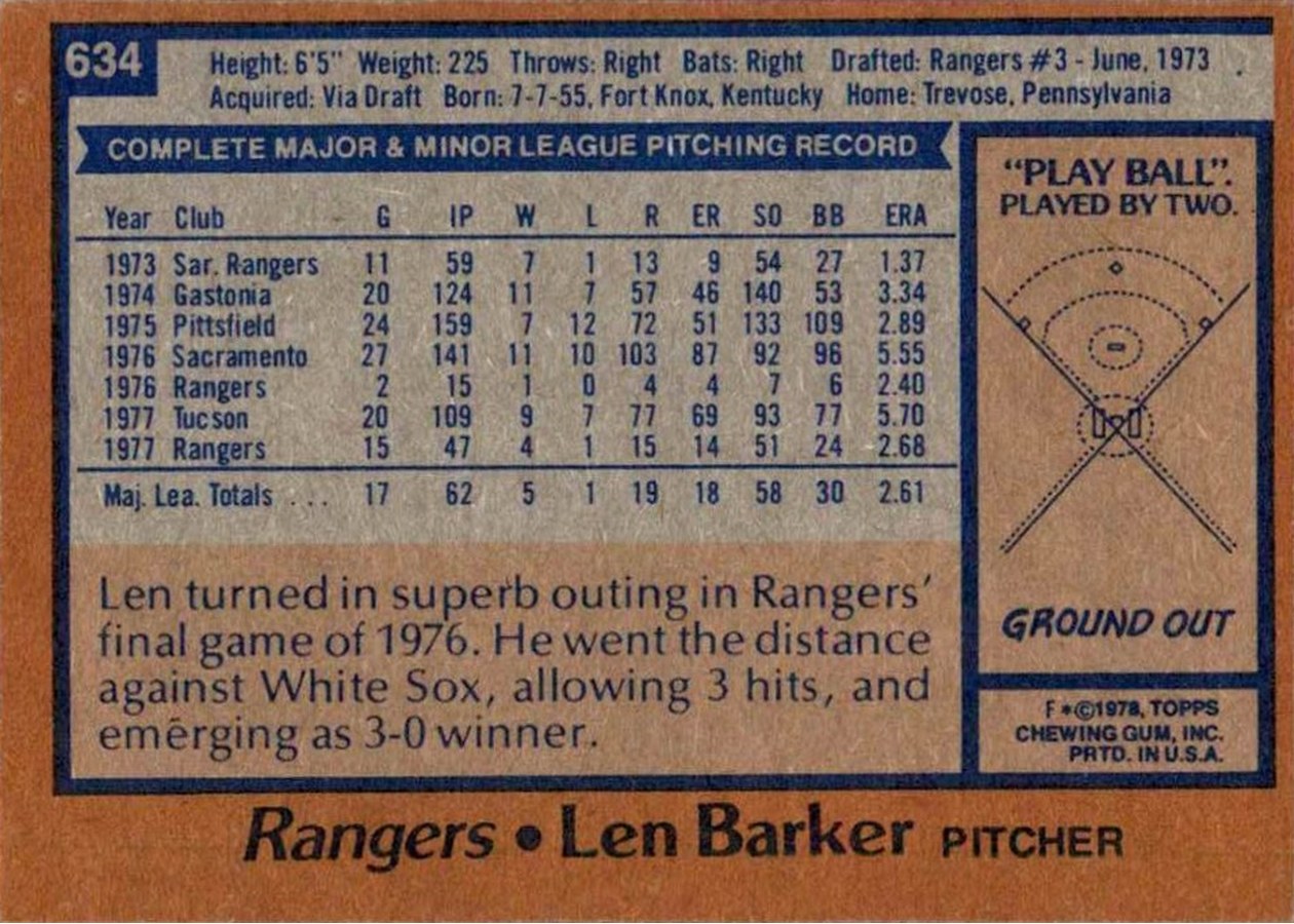 1978 Topps #634 Len Barker card back