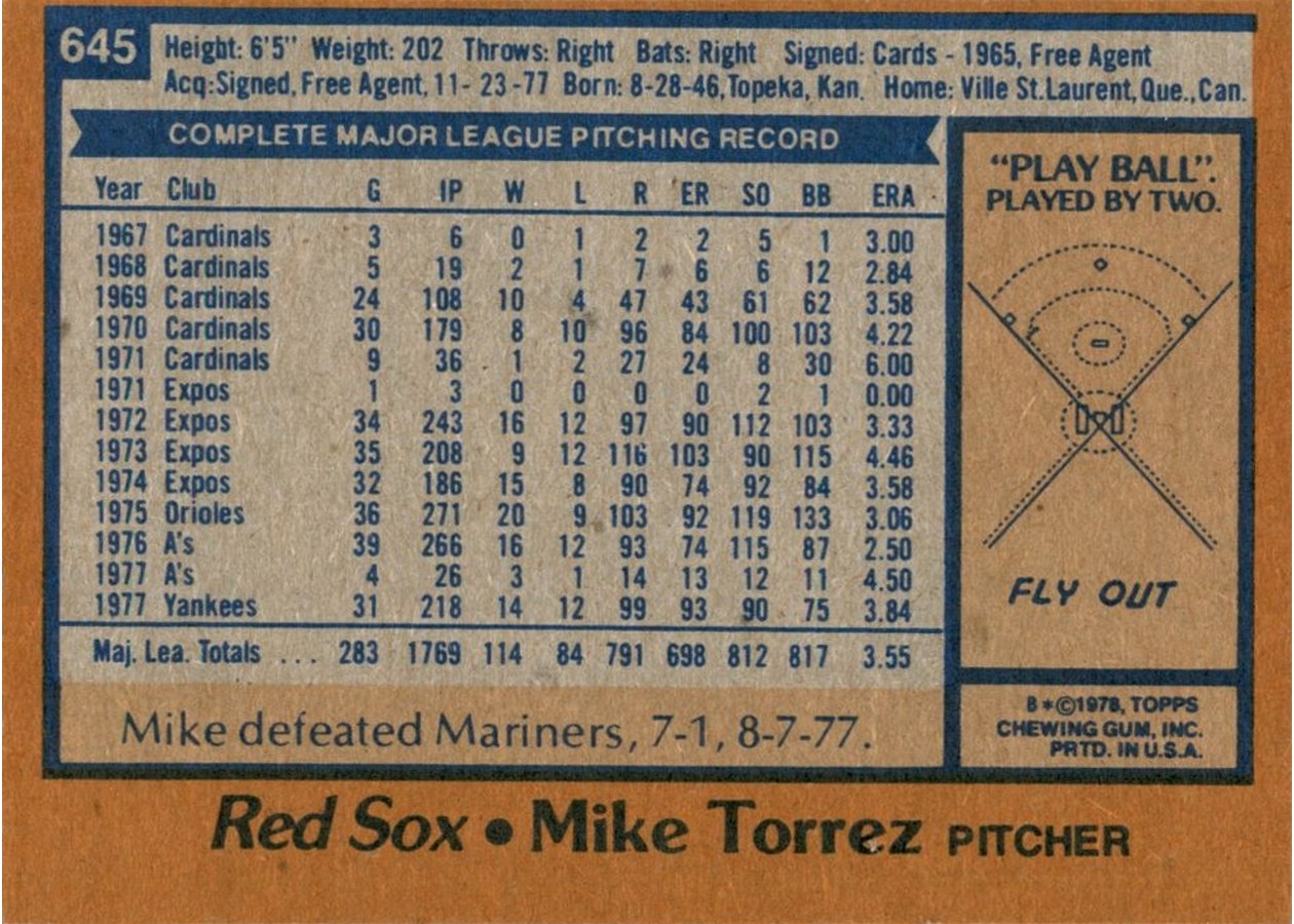 1978 Topps #645 Mike Torrez card back