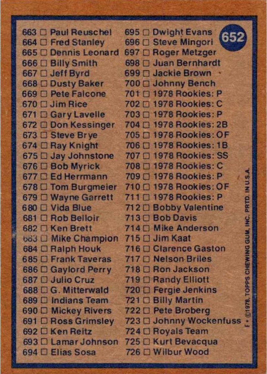 1978 Topps #652 Checklist: 606-726 card back