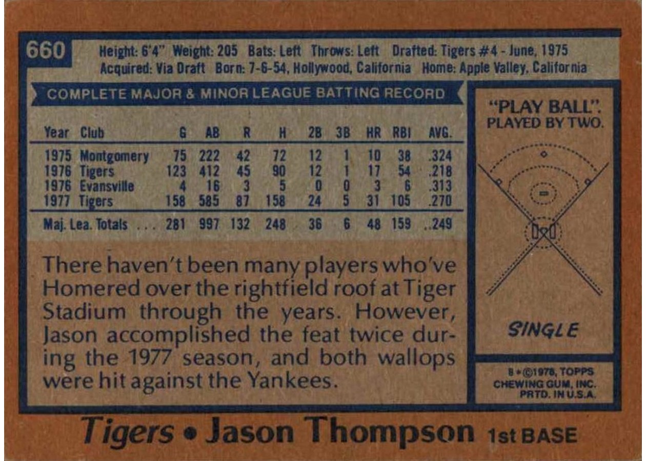 1978 Topps #660 Jason Thompson card back