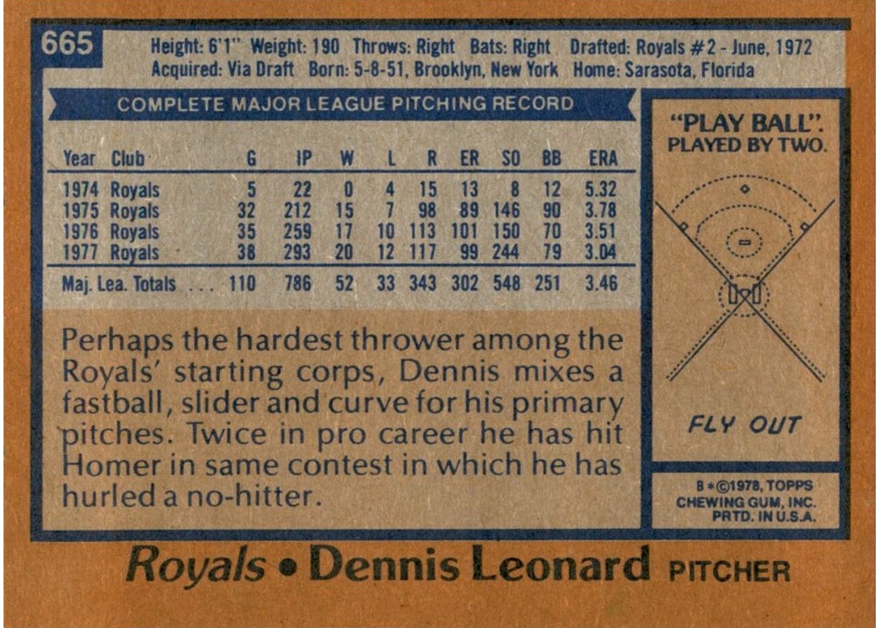 1978 Topps #665 Dennis Leonard card back