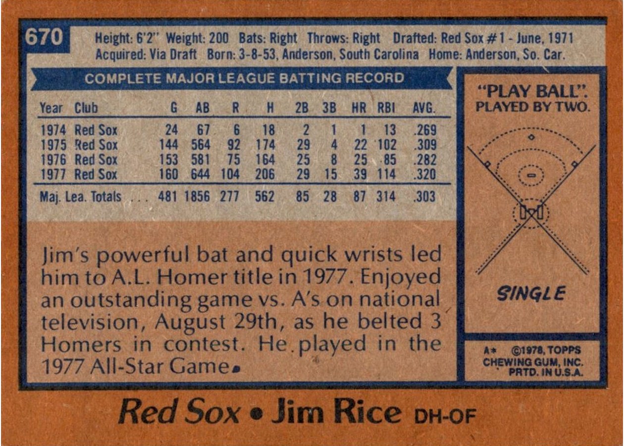 1978 Topps #670 Jim Rice card back