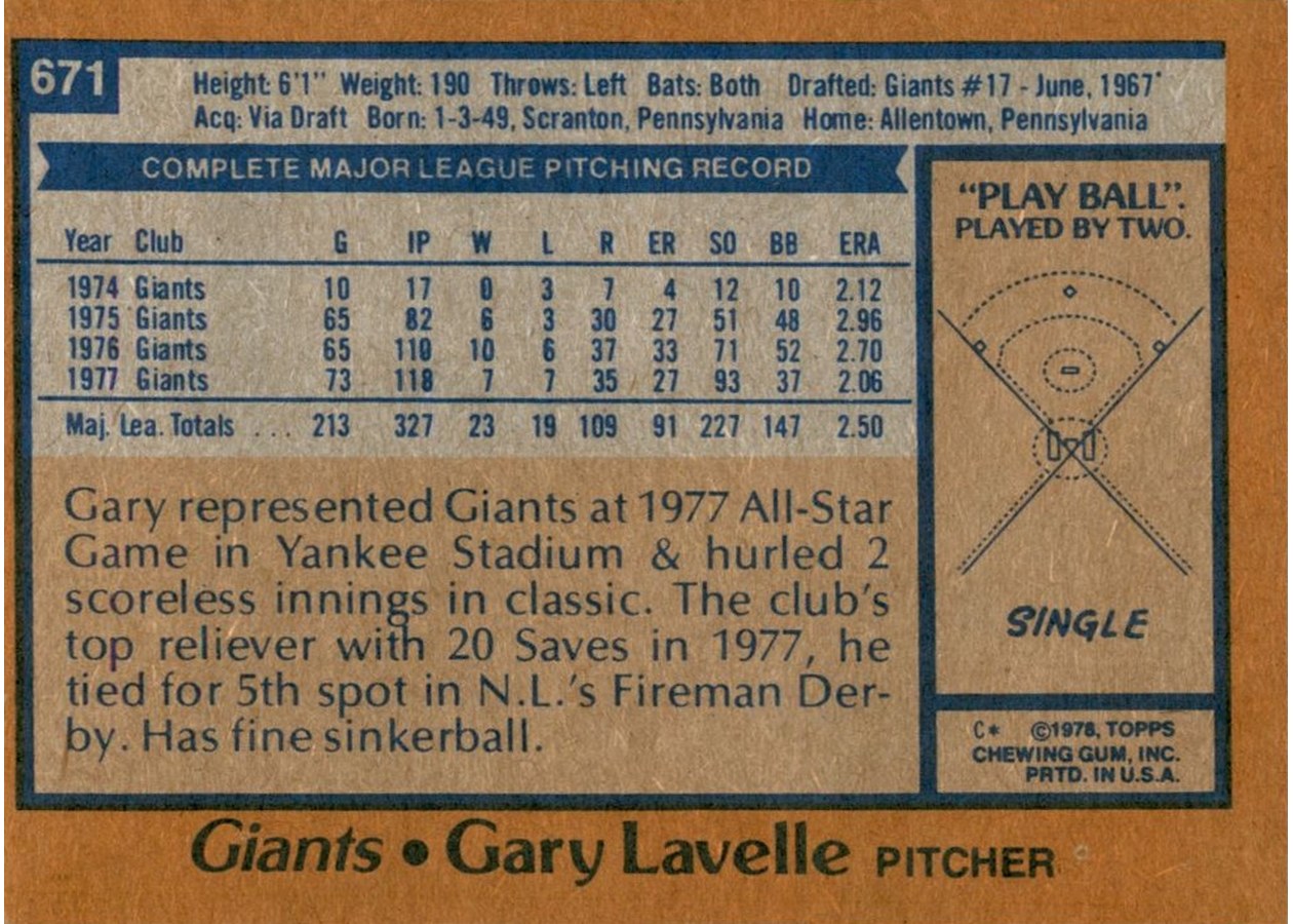 1978 Topps #671 Gary Lavelle card back