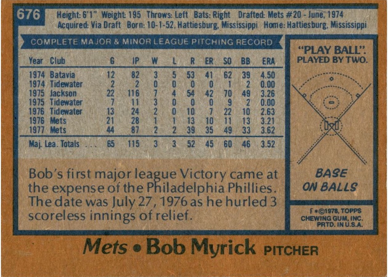 1978 Topps #676 Bob Myrick card back